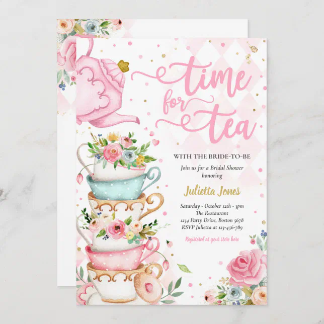 Bridal Shower Tea Party Pink And Gold Floral Invitation | Zazzle