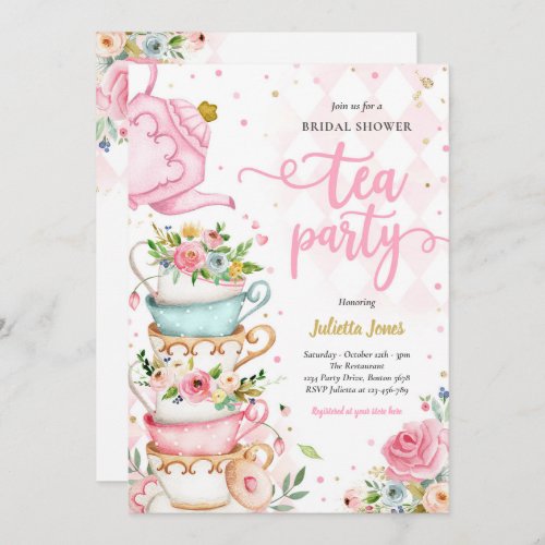 Bridal Shower Tea Party Pink And Gold Floral  Invitation