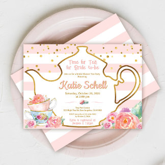 Bridal Shower Tea Party Pink And Gold Floral Invitation