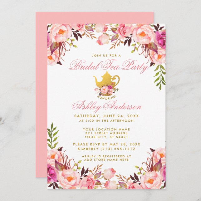 Bridal Shower Tea Party Pink Floral Gold Invitation (Front/Back)