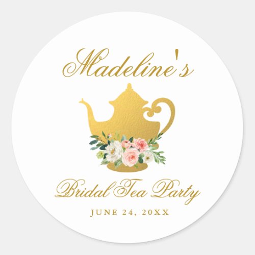 Bridal Shower Tea Party Pink Floral Gold Small Classic Round Sticker