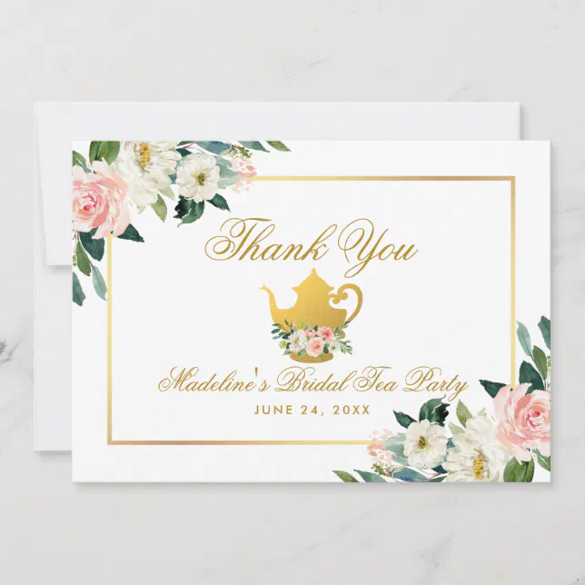 Bridal Shower Tea Party Pink Floral Gold Thanks Thank You Card | Zazzle