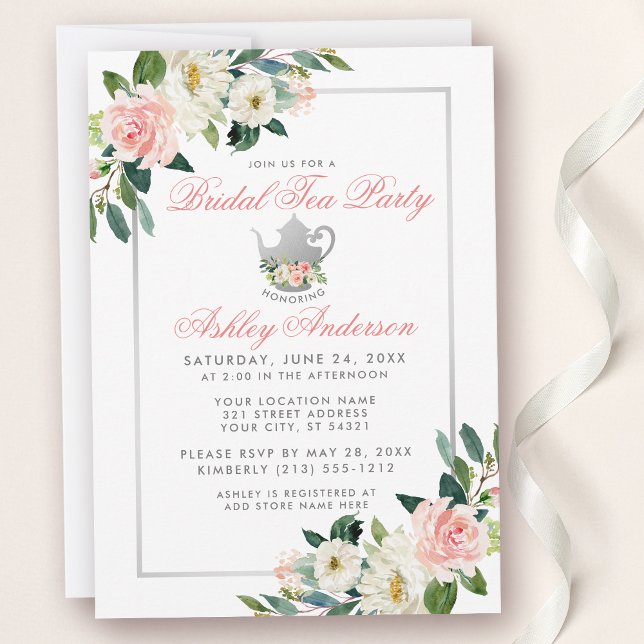 Bridal Shower Tea Party Pink Floral Invite P (Customize to change text color or text style.)