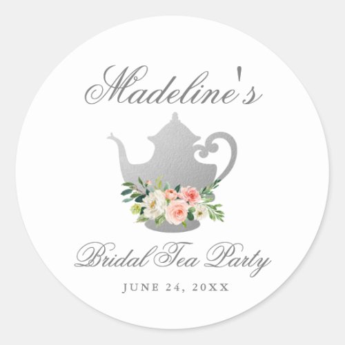 Bridal Shower Tea Party Pink Floral Silver Classic Round Sticker
