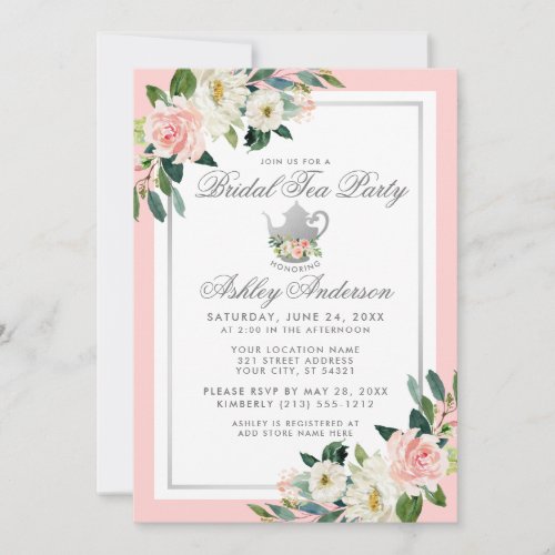 Bridal Shower Tea Party Pink Floral Silver Invite