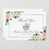Bridal Shower Tea Party Pink Floral Silver Thanks Invitation (Front/Back)