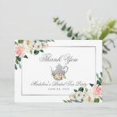 Bridal Shower Tea Party Pink Floral Silver Thanks Invitation (Standing Front)