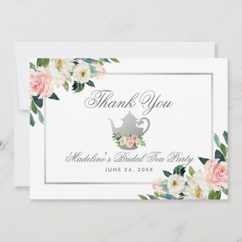 Bridal Shower Tea Party Pink Floral Silver Thanks Invitation