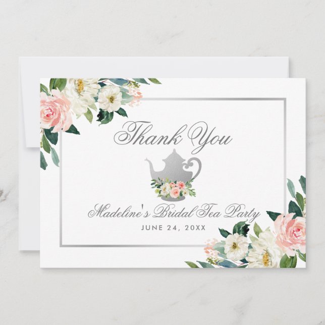 Bridal Shower Tea Party Pink Floral Silver Thanks Invitation (Front)
