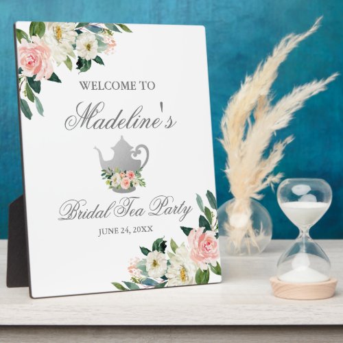 Bridal Shower Tea Party Pink Floral Silver Welcome Plaque