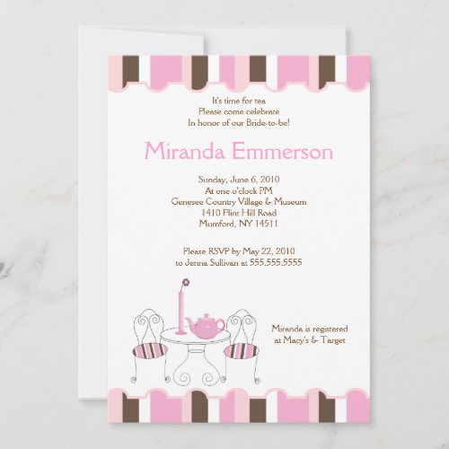 Bridal Shower Tea Party Pink Stripe 5x7 Custom Invitations