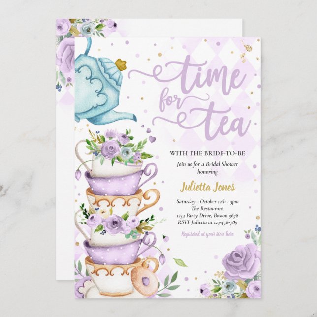 Bridal Shower Tea Party Purple And Gold Floral Invitation (Front/Back)