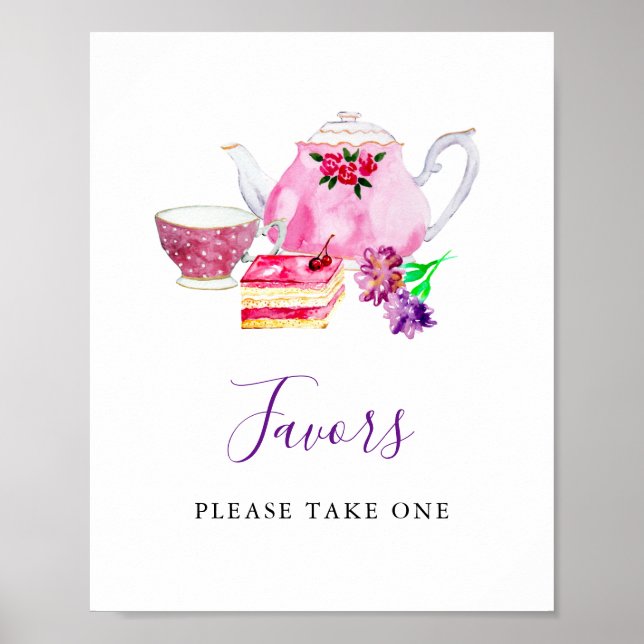 Bridal Shower Tea Party Purple Favors Sign Cute (Front)