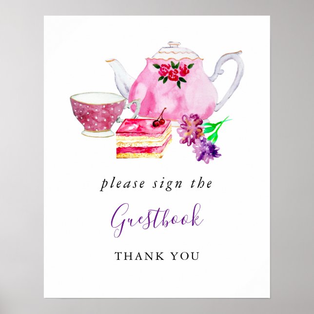 Bridal Shower Tea Party Purple Sign the Guestbook (Front)