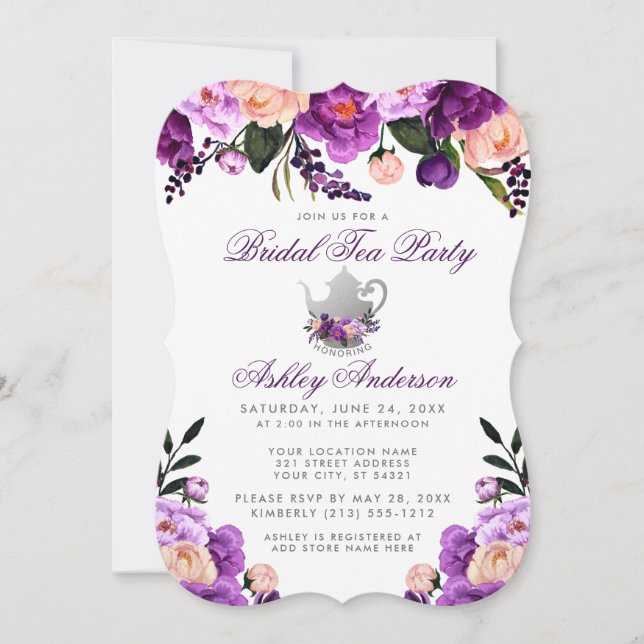 Bridal Shower Tea Party Purple Violet Invite B (Front)