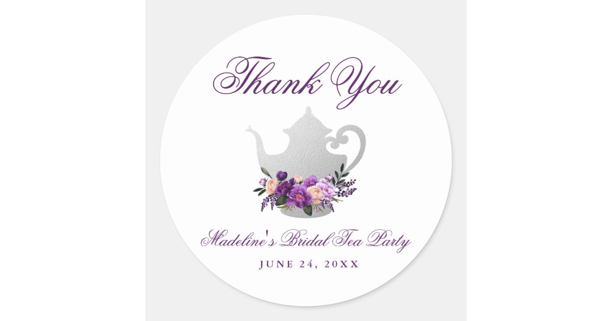 Bridal Shower Tea Party Purple Violet Thank You Classic Round Sticker ...