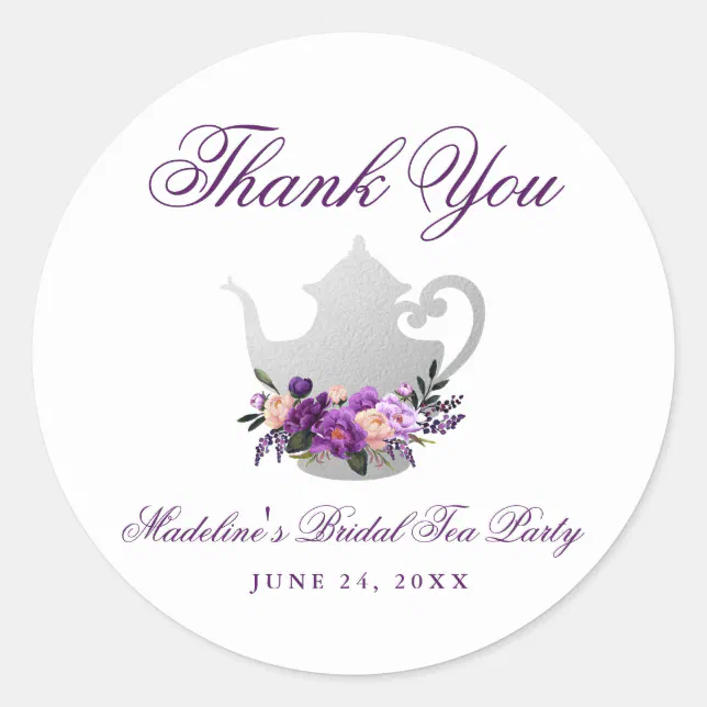 Bridal Shower Tea Party Purple Violet Thank You Classic Round Sticker ...