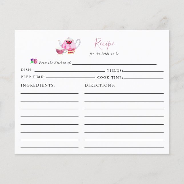 Bridal Shower Tea Party Recipe Card Dusty Rose (Front)