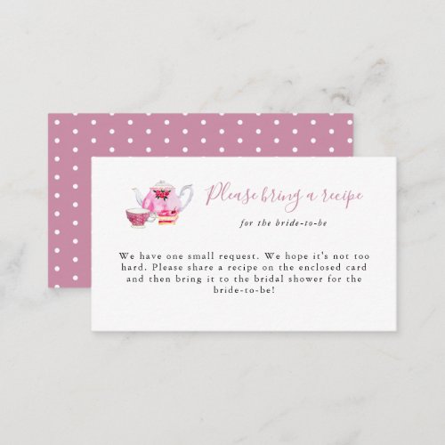 Bridal Shower Tea Party Recipe Request Card Pink