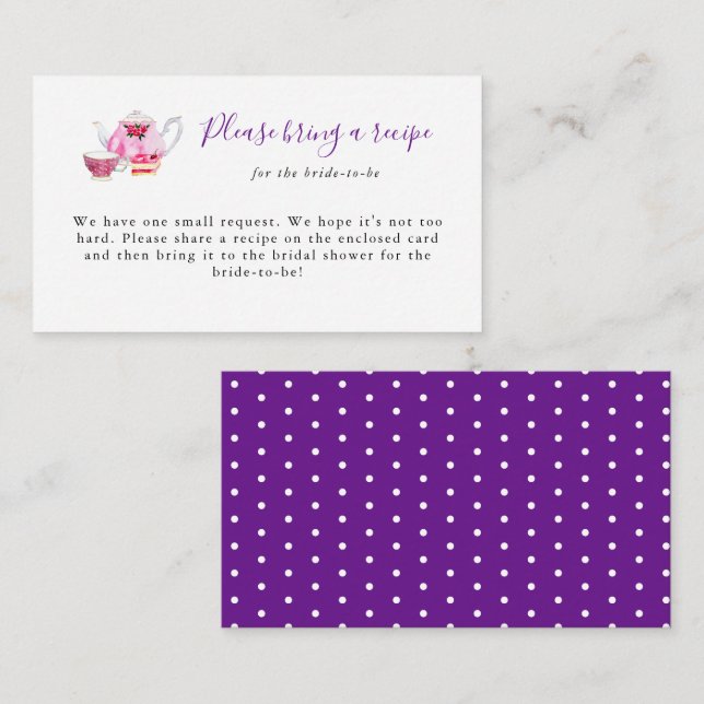 Bridal Shower Tea Party Recipe Request Card Purple (Front/Back)