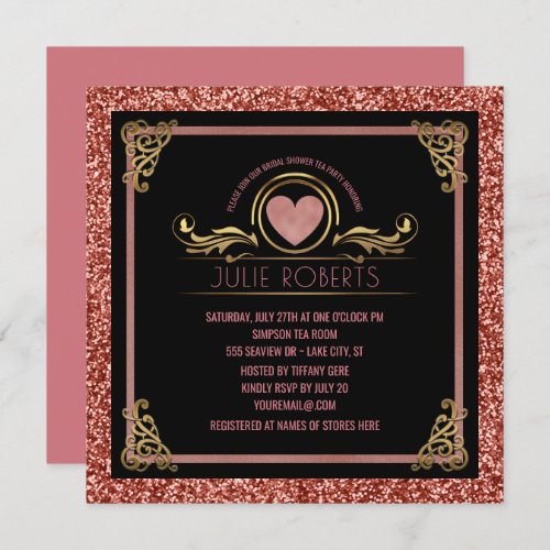 Bridal Shower Tea Party Rose Gold Heart Glitter Invitation