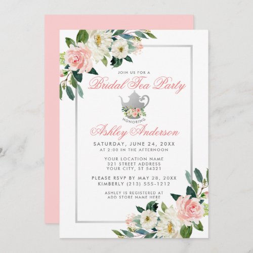 Bridal Shower Tea Party Silver Floral Pink Invite