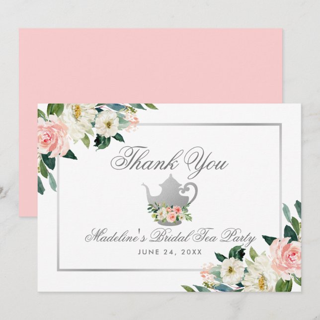 Bridal Shower Tea Party Thanks Pink Floral Silver Invitation (Front/Back)