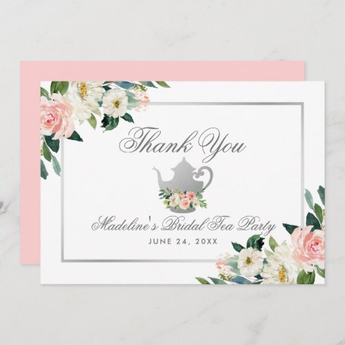 Bridal Shower Tea Party Thanks Pink Floral Silver Invitation