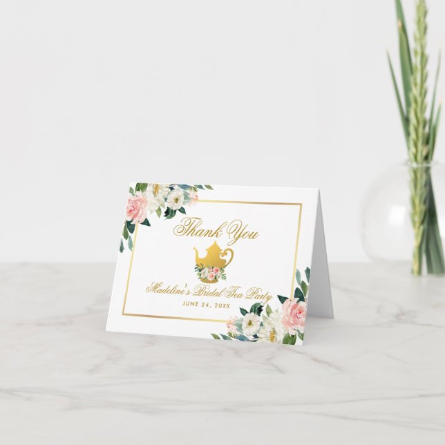 Bridal Shower Tea Party Thanks Pink Gold Note Thank You Card (Front)