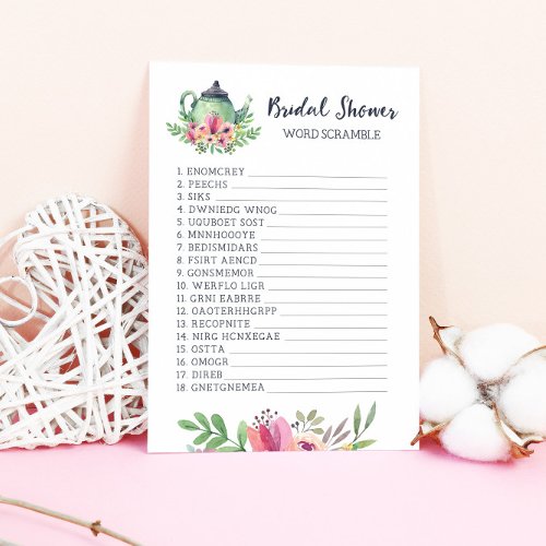 Bridal Shower Tea Party Word Scramble Game Card