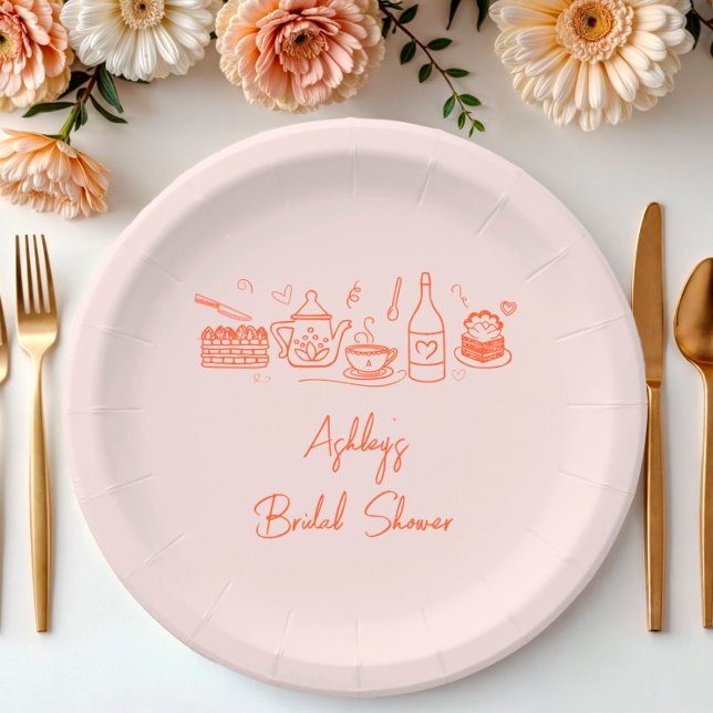 Bridal Shower Tea Theme Whimsical Doodle Paper Plates (Creator Uploaded)