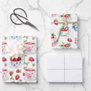 Bridal Shower Tea Two Strawberry One Solid Color Wrapping Paper Sheets
