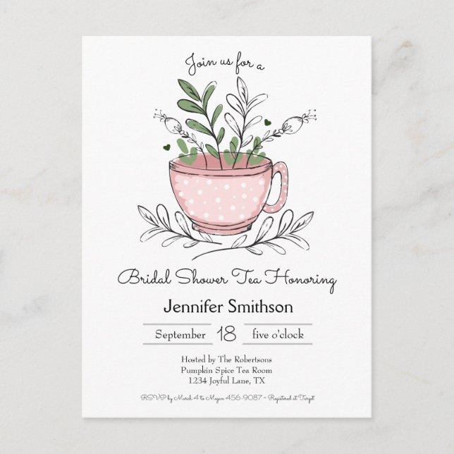 Bridal Shower Tea Whimsical Hand Drawn Tea Cup Invitation Postcard (Front)