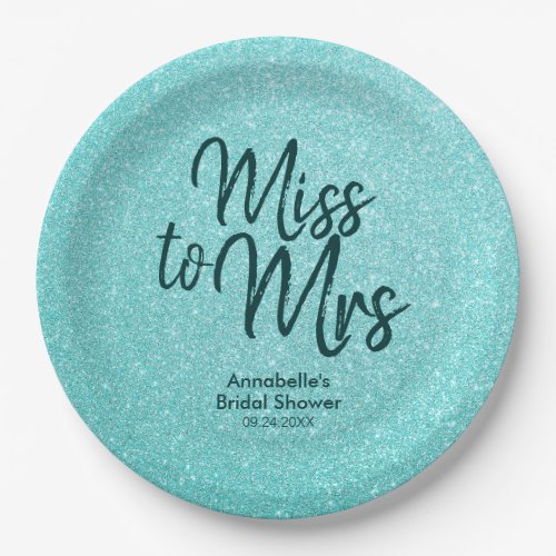 Bridal Shower Teal Green Glitter Chic Miss to Mrs Paper Plates