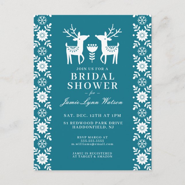 BRIDAL SHOWER | Teal Reindeer Christmas Postcard (Front)