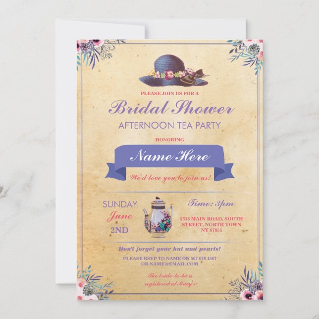 Bridal Shower Teapot Hat Afternoon Garden Party Invitation (Front)