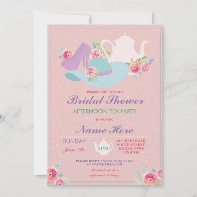 Bridal Shower Teapot Hat Shoes Bachelorette Party Invitation (Front)
