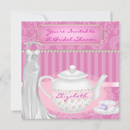 Bridal Shower Teapot &amp; Teacup Damask Design Invite
