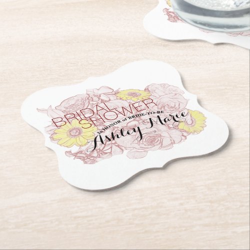 Bridal Shower Terra  Cotta Outline Bouquet Custom Paper Coaster