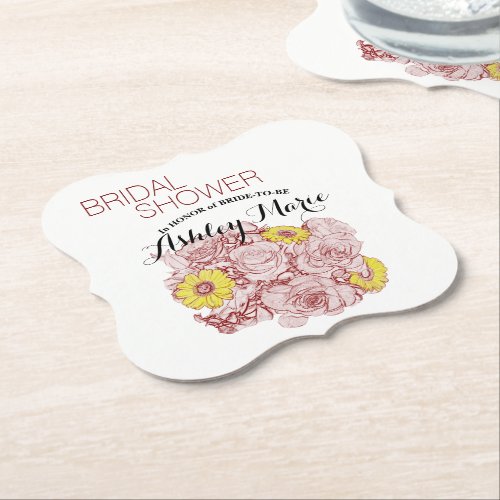 Bridal Shower Terra  Cotta Outline Bouquet Custom Paper Coaster