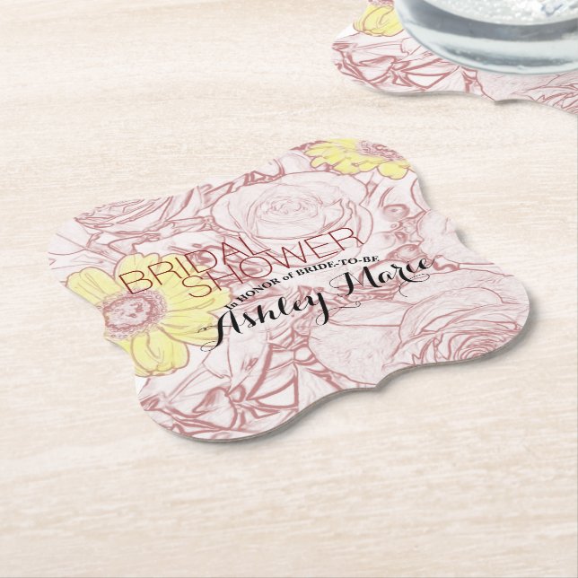 Bridal Shower Terra Cotta Outline Bouquet Template Paper Coaster (Angled)