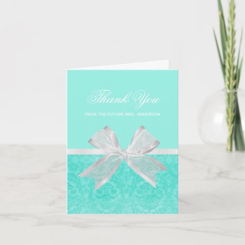 Bridal Shower Thank You Chic Aqua Damask White Bow