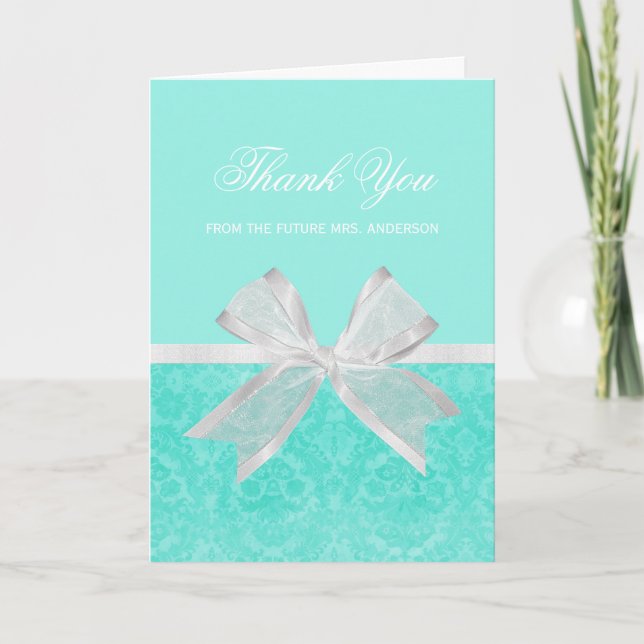 Bridal Shower Thank You Chic Aqua Damask White Bow (Front)