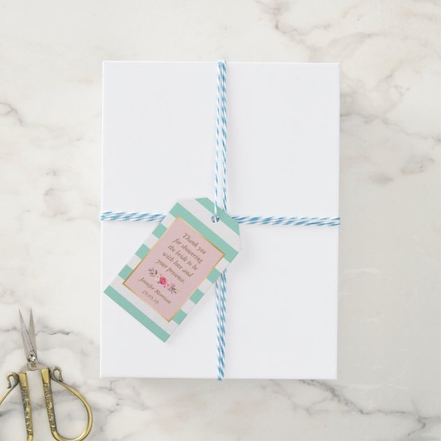 Bridal Shower Thank You Floral Pink Mint Stripes Gift Tags