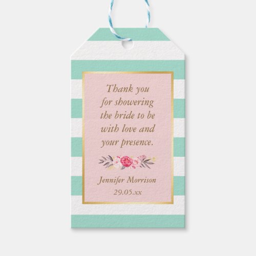 Bridal Shower Thank You Floral Pink Mint Stripes Gift Tags