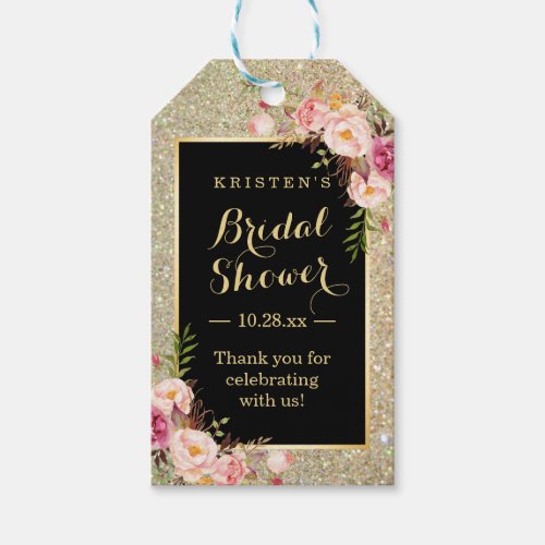 Bridal Shower Thank You Gold Glitter Pink Flowers Gift Tags