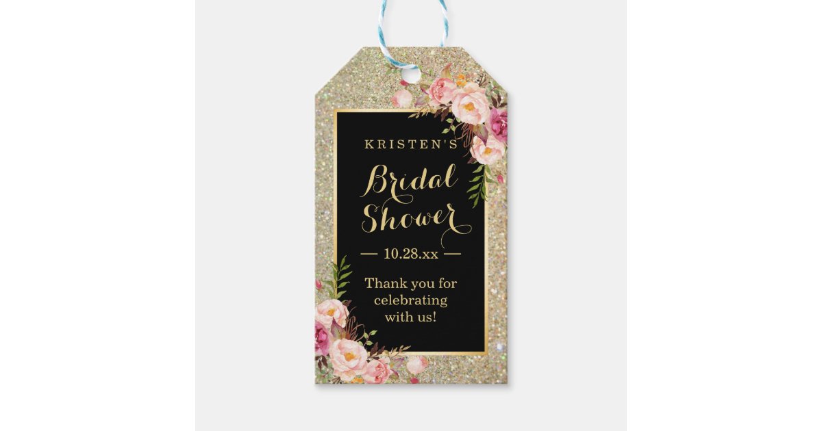 Bridal Shower Thank You Gold Glitter Pink Flowers Gift Tags | Zazzle