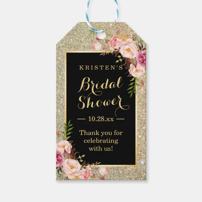 Bridal Shower Thank You Gold Glitter Pink Flowers Gift Tags | Zazzle