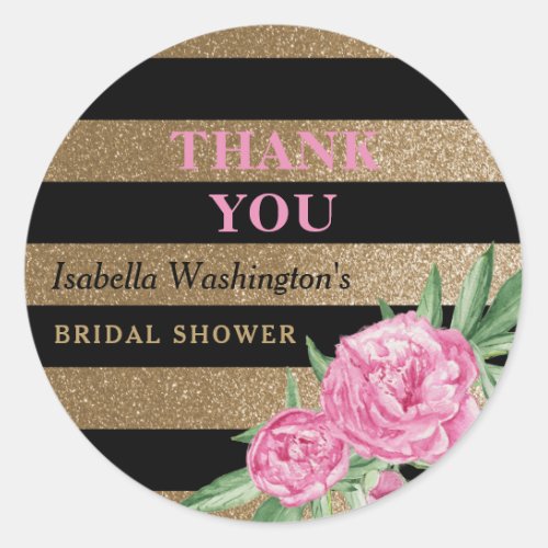 Bridal Shower Thank You | Gold Stripes & Flowers Classic Round Sticker - ABOUT THIS DESIGN. Bridal Shower Thank You | Gold Stripes & Flowers Template. Create your own glam bridal shower thank you stickers by customizing this chic design.