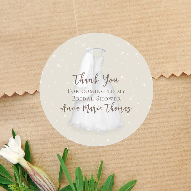 Bridal Shower Thank You Gown Custom Classic Round Sticker (Bridal shower thank you favor sticker. )